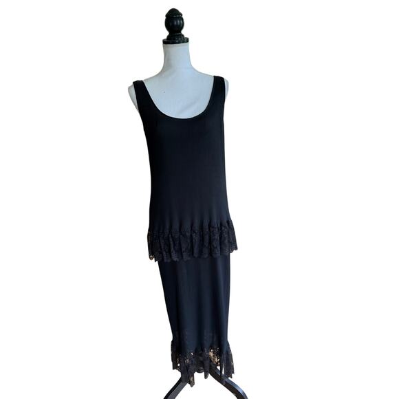 Vintage Fernado Sanchez Dress Sheer Accordion Pleat Lace Black Tiered Column - Picture 5 of 5